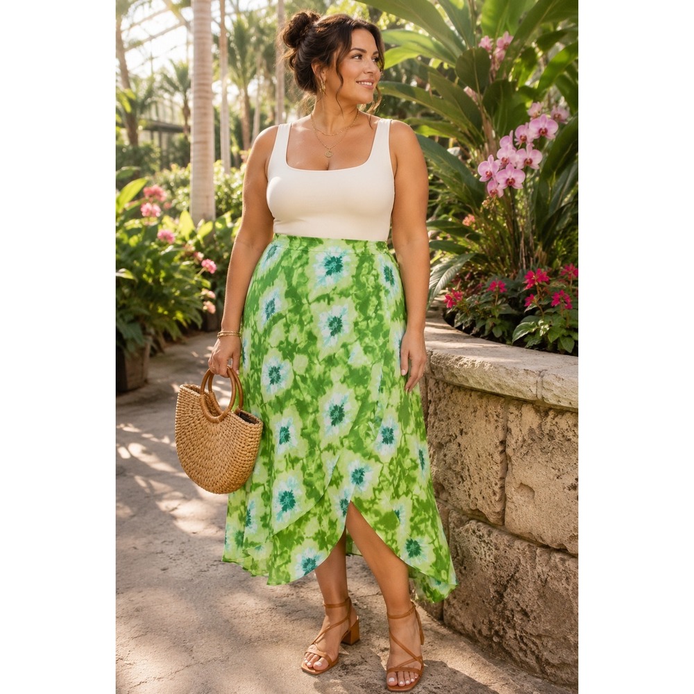Versona Modern Lime Green Water Color Floral Midi Skirt Size 14 Tulip Hem